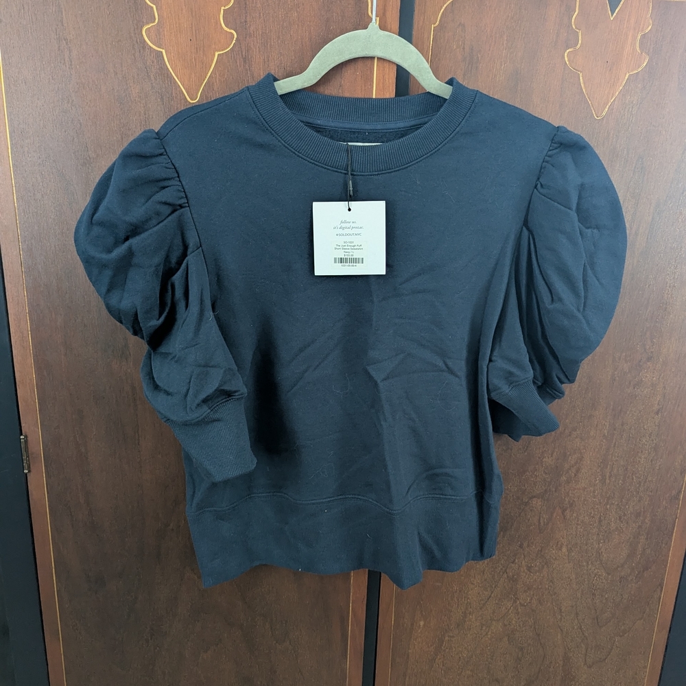 Elegant Navy Blue Puff Sleeve Sweatshirt